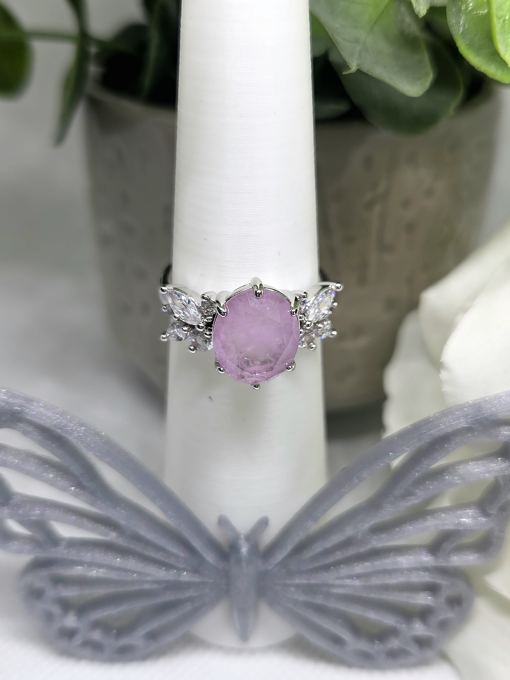 BP Pink Oval CZ Ring with Clear Accent Stones